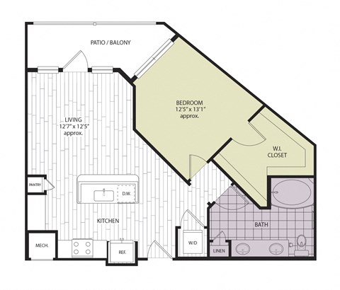 Floor plan for 1 bed, 1 bath, 767 sqft